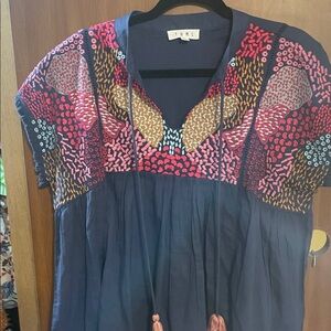 THML Navy Blouse with Colorful Embroidery Size Medium